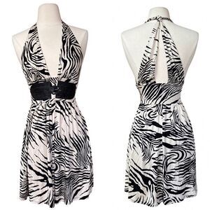 Vintage Peak 90s Y2K Marciano 100% SILK Tiger Zebra Stripe Buckle Babydoll Dress